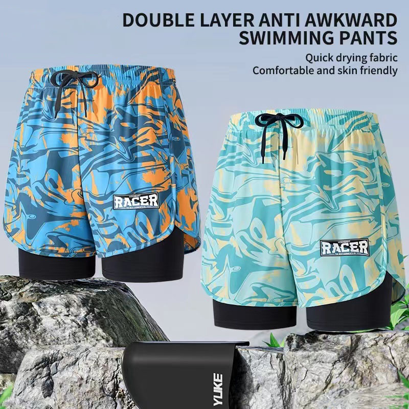 Swim Trunk Quick Dry - سروال سباحة مزدوج الطبقة للرجال ،